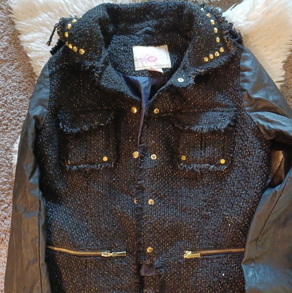 Black Tweed Gold Studded Leather Jacket Sz Small
